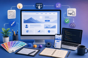 Complete Guide to Website Design featuring modern UI/UX design workspace with responsive website mockups, web development tools, and digital design elements